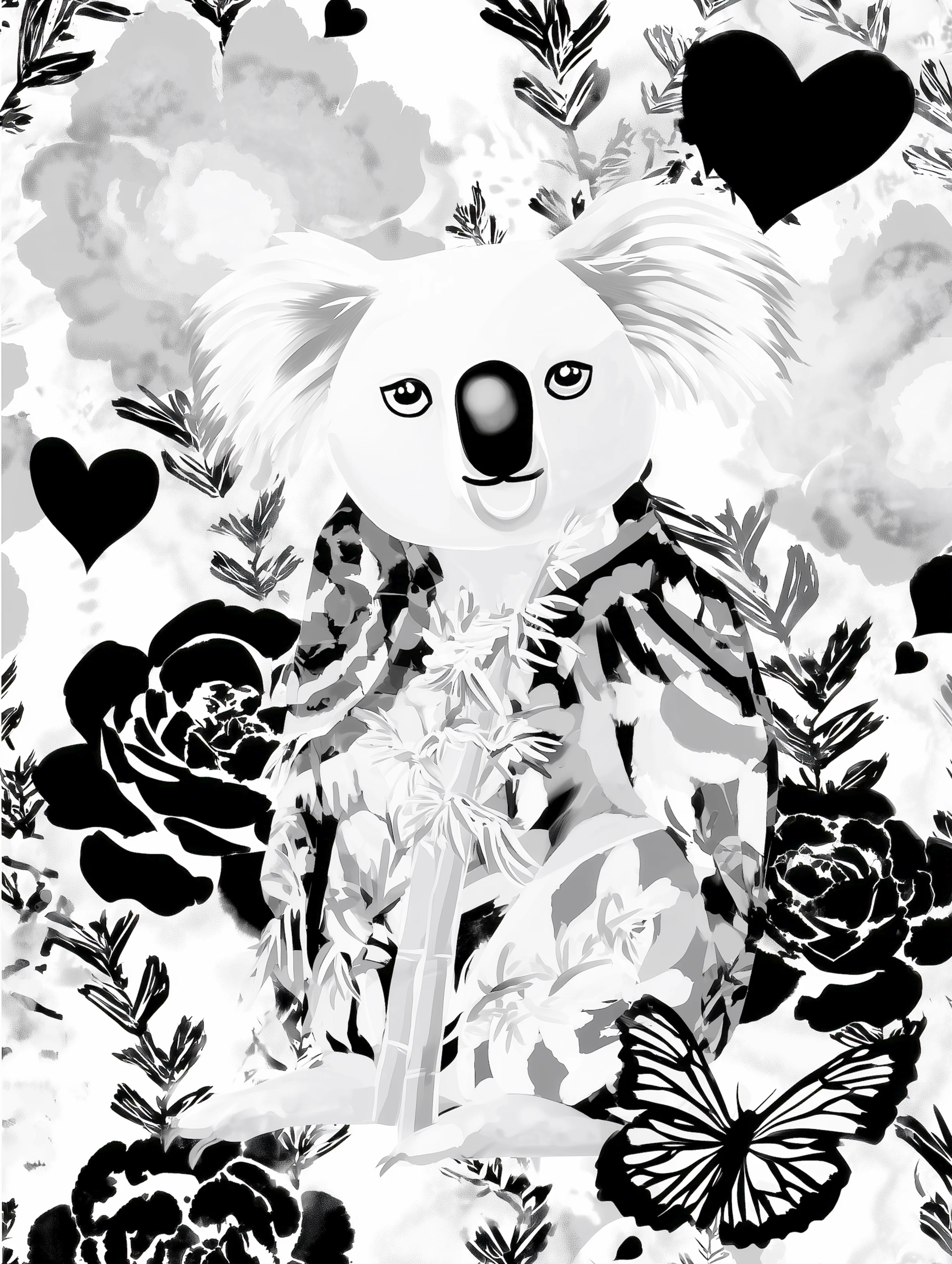 Free printable koala coloring page for adults featuring a standing koala with black hearts